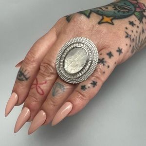 Mother of pearl Virgin Mary ring with CZ, sterling silver rhodium coated.